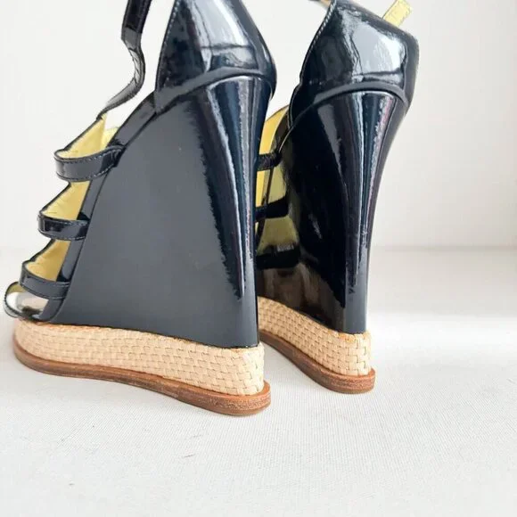 Pollini Raffia Patent Leather Navy Blue Wedge Summer Heels 40 - Picture 4 of 8